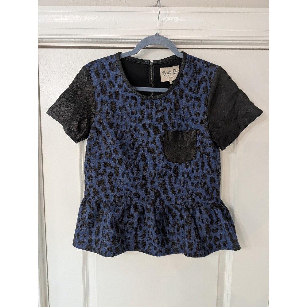 Sea New York Blue Leopard Wool Peplum Top Leather Sleeves Size 0‎ modern